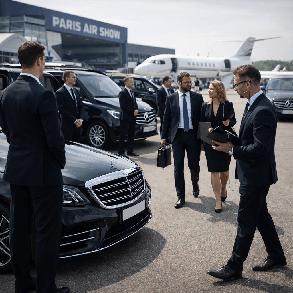 Coordination de transport premium au Paris Air Show avec flotte Mercedes-Benz Classe S et Classe V, chauffeurs professionnels et prise en charge de dirigeants