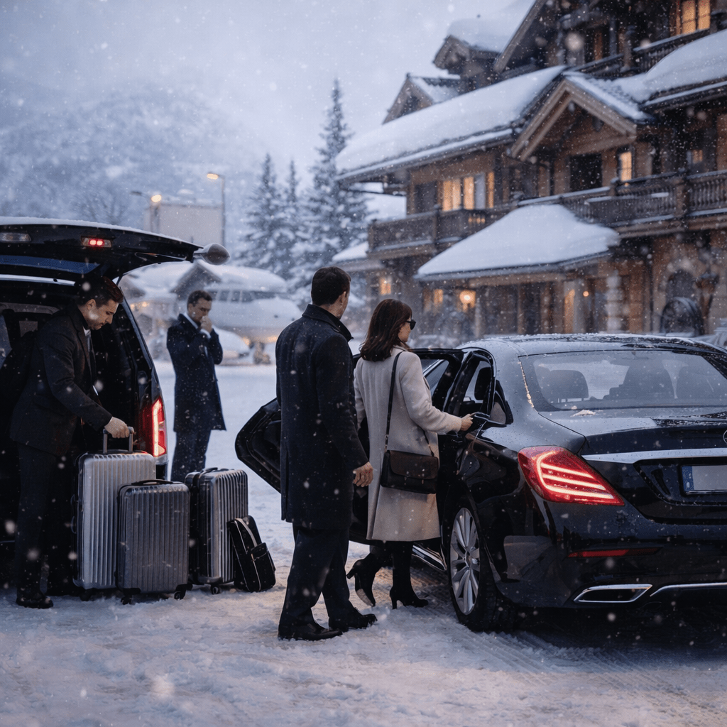 Transfert premium en Mercedes-Benz Classe S devant un chalet alpin avec chauffeur privé et prise en charge de clients haut de gamme