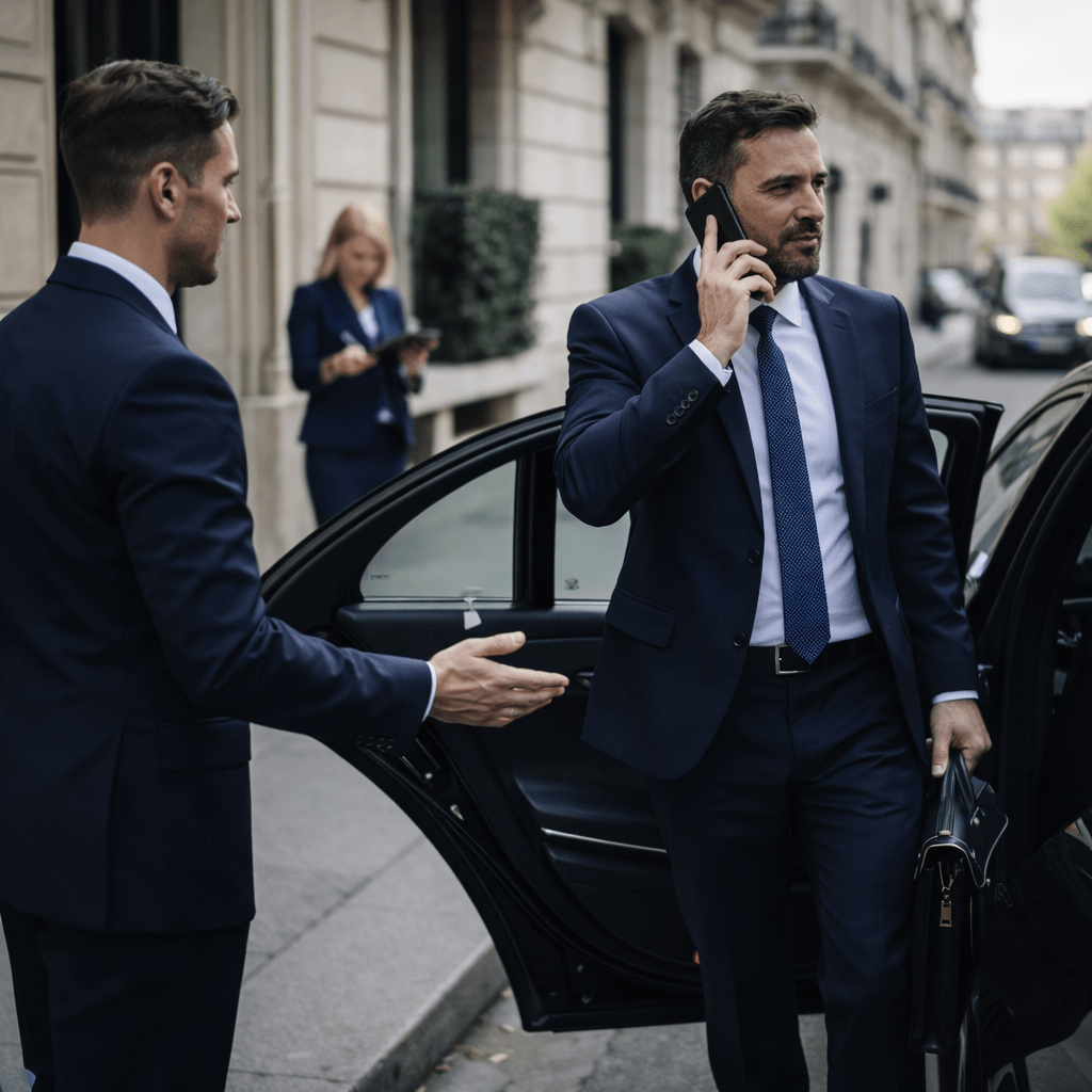 Dirigeant en déplacement professionnel à Paris montant dans une Mercedes-Benz Classe S avec chauffeur privé dédié (mise à disposition)