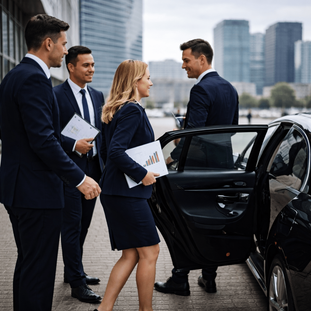 Équipe de dirigeants en roadshow financier à La Défense montant dans une Mercedes Classe S avec chauffeur privé dédié.