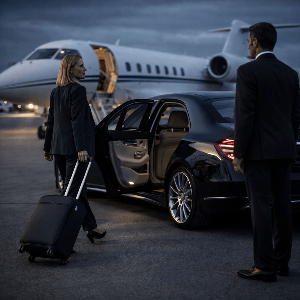 Femme d’affaires descendant d’un jet privé avec bagage, accueillie par un chauffeur privé devant une Mercedes-Benz Classe S pour un transfert aéroport premium en Europe