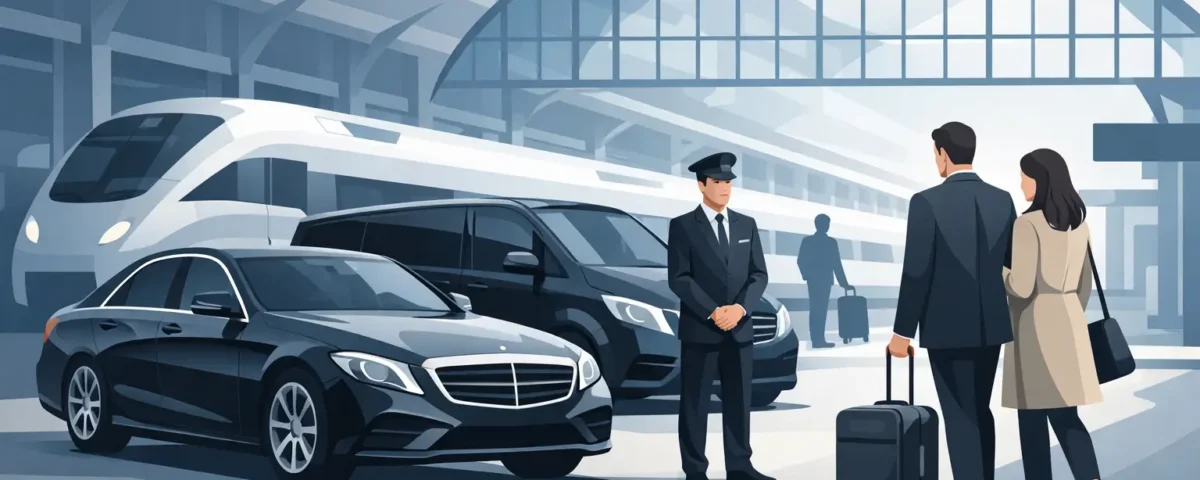 Mercedes S-Class with private chauffeur outside a Paris train station for an executive transfer service