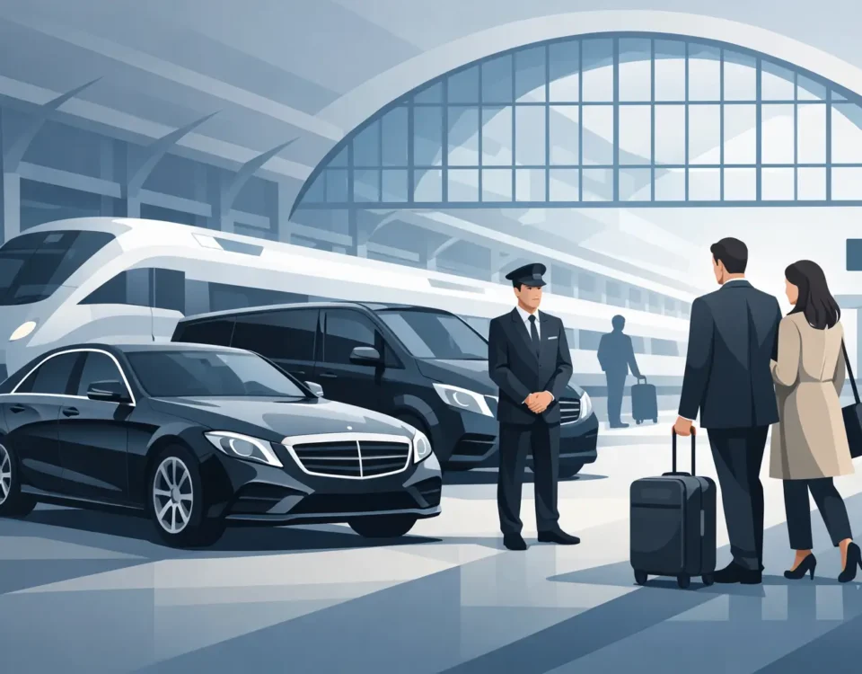Mercedes S-Class with private chauffeur outside a Paris train station for an executive transfer service