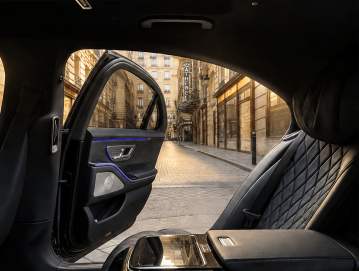 Interior trasero de Mercedes Clase S con chófer en París, espacio cómodo y confidencial