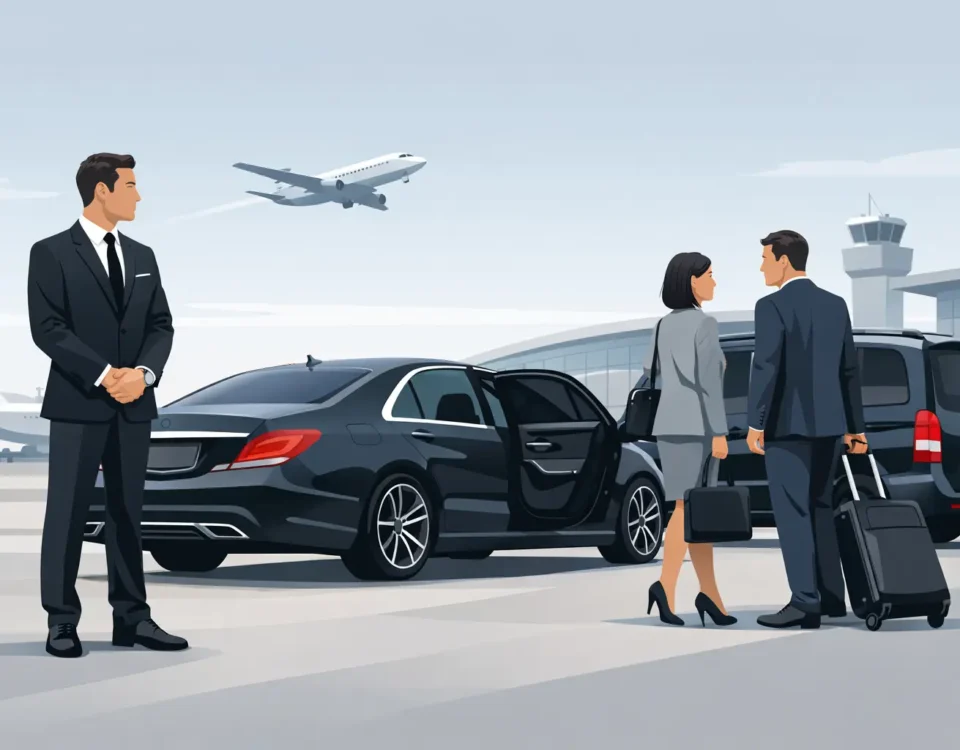 Private chauffeurs coordinating a pick-up beside premium vehicles for executive travel in Paris.