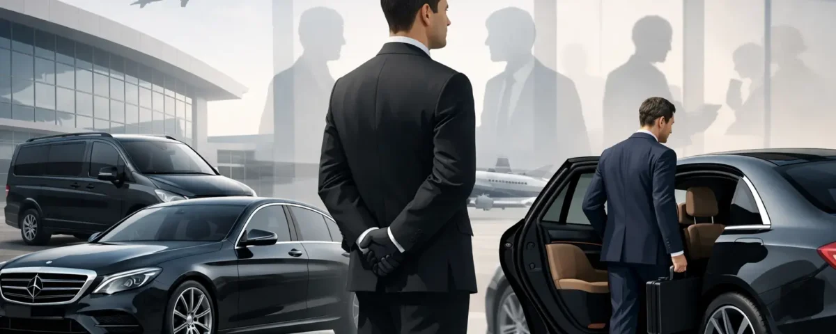 Private chauffeurs in suits coordinating passenger pick-up beside premium Mercedes vehicles in Paris.