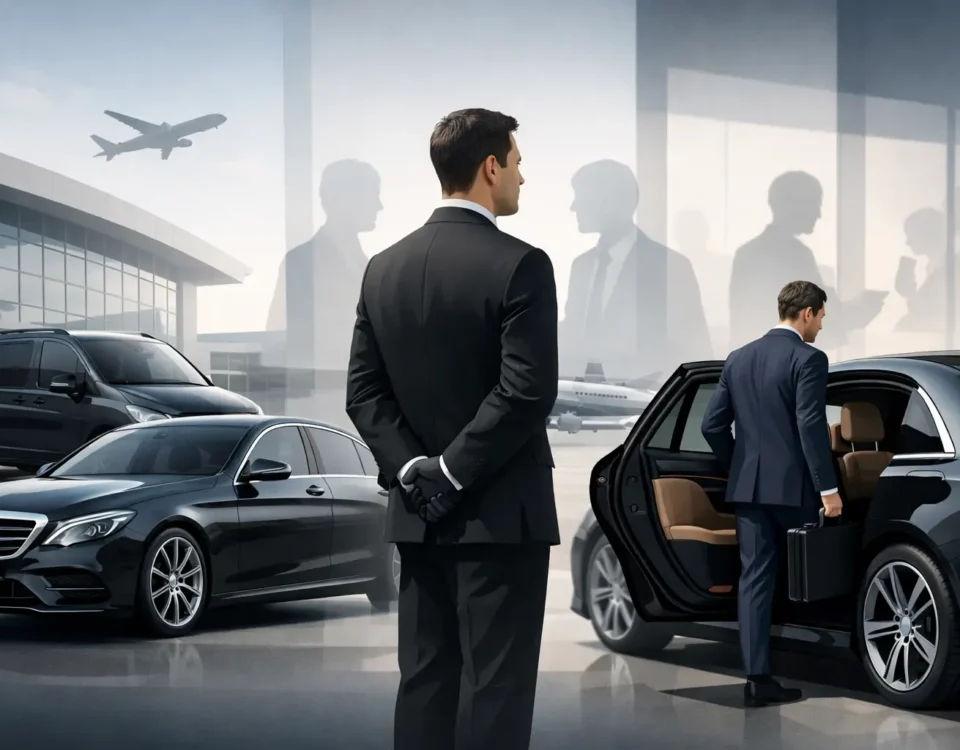 Private chauffeurs in suits coordinating passenger pick-up beside premium Mercedes vehicles in Paris.